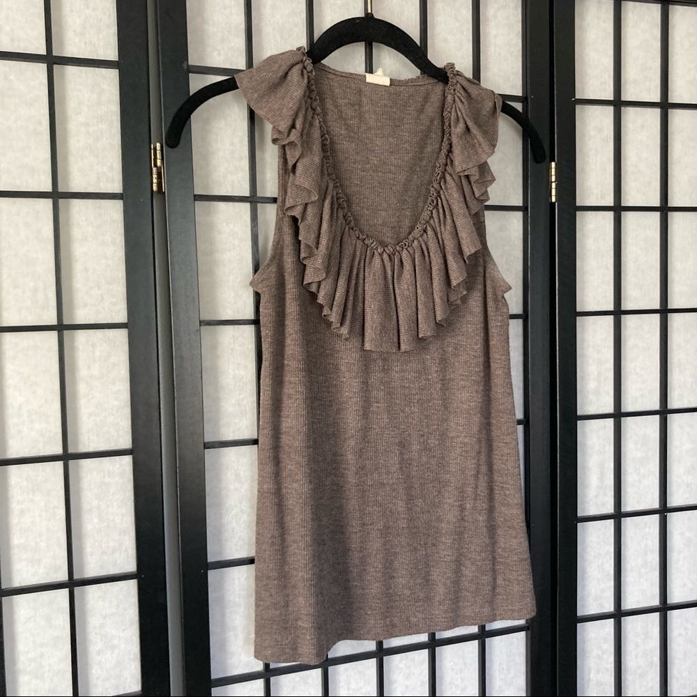 Lucca Couture Ruffle Accent Scoop Neckline Sleeveless Tank Top Brown Small